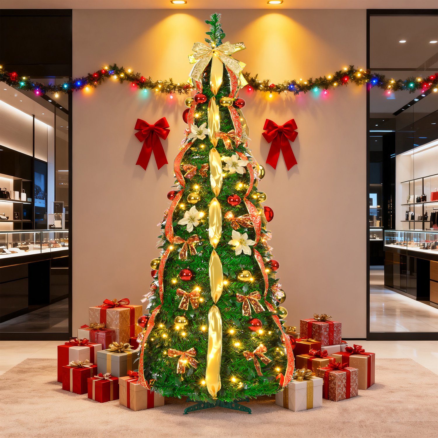 Pop-up Kerstboom 150 cm met 100 LED - 8 Lichtmodi - Rood & Goud - Inclusief Kerstballen & Linten - Opvouwbaar - NAIZY – foto 8