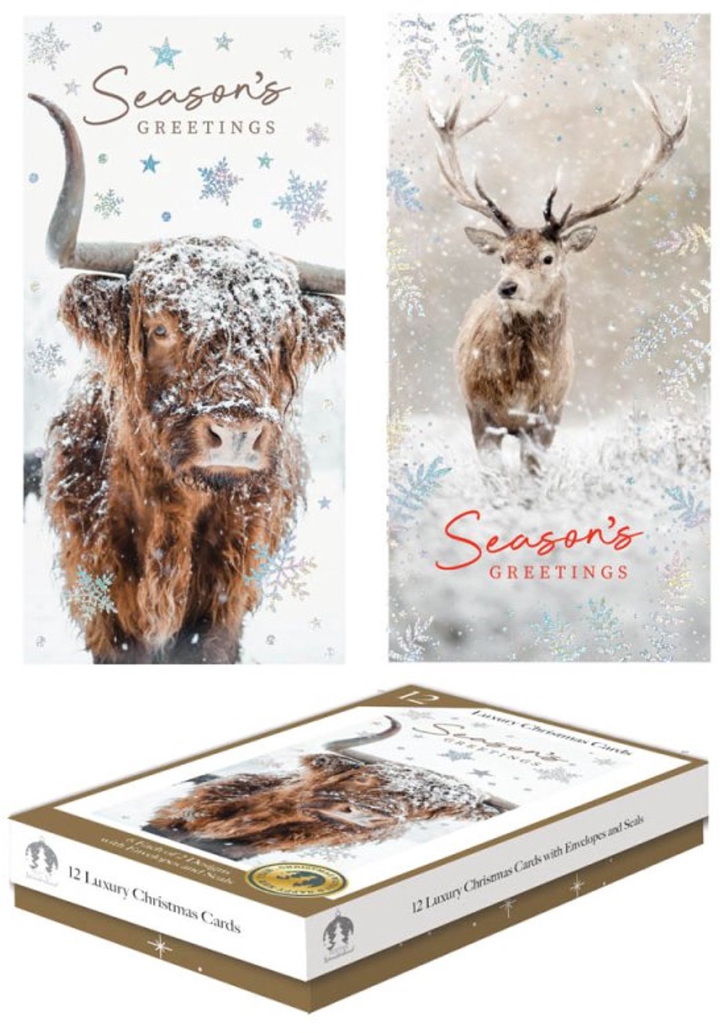 12 Luxe Kerstkaarten Smal Schotse Hooglander/Hert