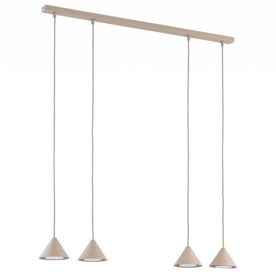 Set van vier beige conische hanglampen bevestigd aan een langwerpige plafondbalk, op een witte achtergrond.