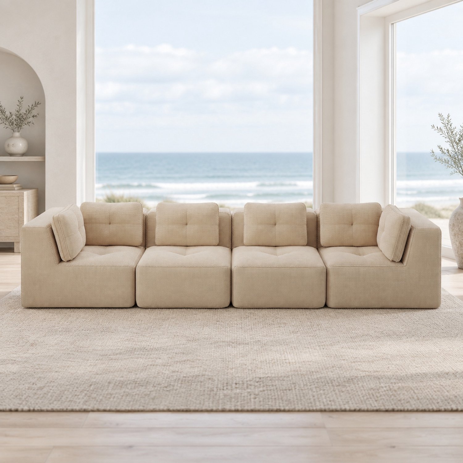 WUVRIE Modulaire hoekbank 386x104 cm - 4-zits met diepe zitting en corduroy - Beige