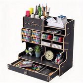 Bureau Organizer met Lade Pennenhouder - Zwart Houtlook 13 Vakken 28,2×15,1×30cm - Multifunctioneel voor Kantoorartikelen, Thuis, Kantoor en Studie