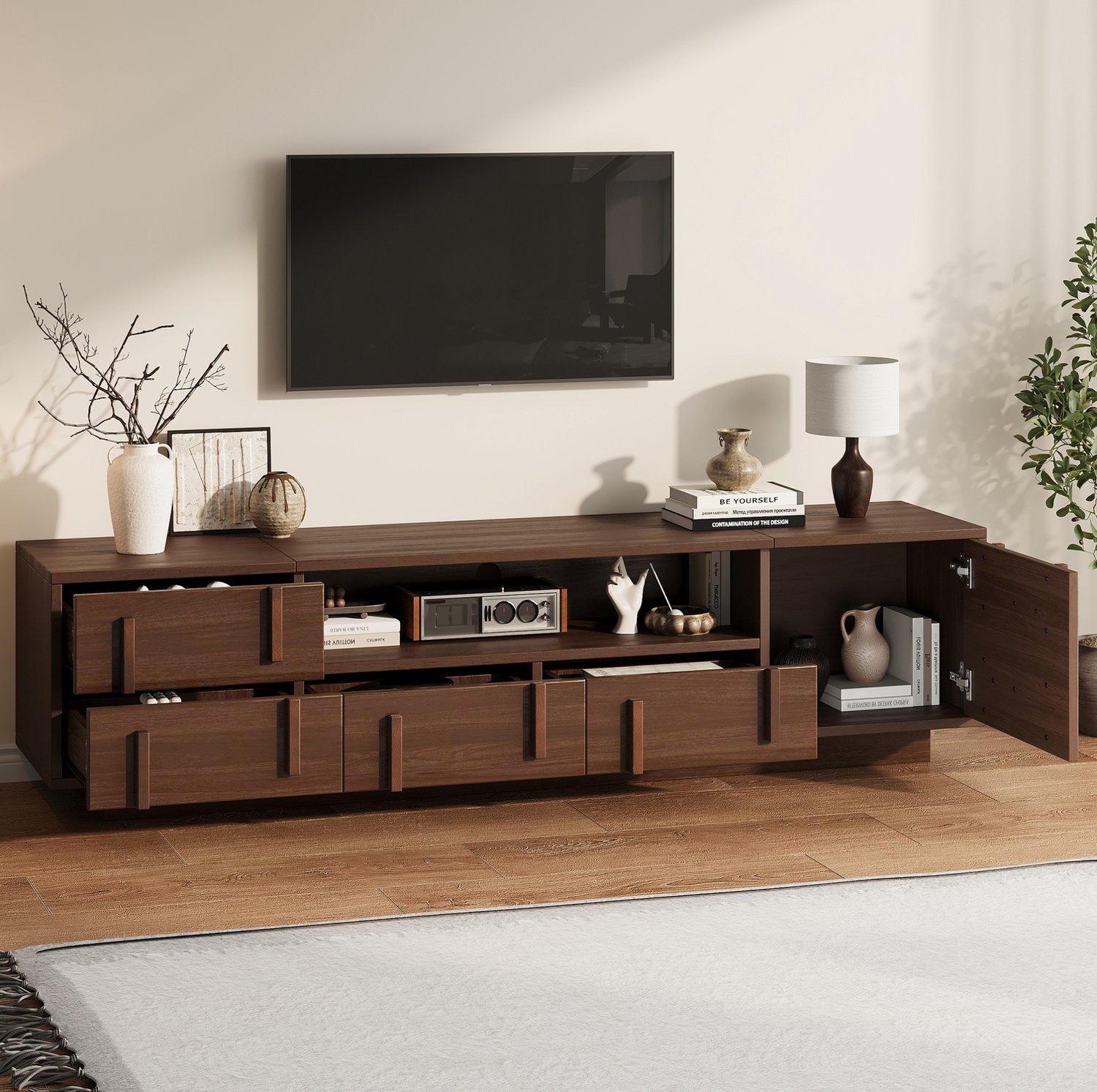 MIVRAY Tv-Meubel - Ruime Opbergruimte Met 4 Laden - Voor Televisies Tot 75 Inch In De Woonkamer - MDF - 180x40x45 Cm - Walnootkleur
