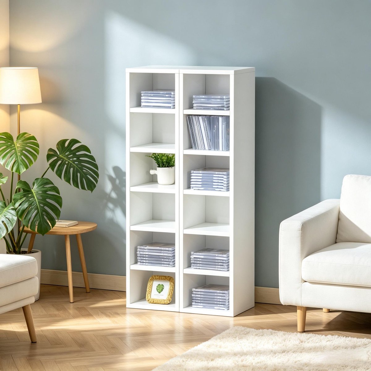 REDOM - CD-opslagkast - Set van 2 - 12 vakken - Open opbergmeubel - Voor CD's, DVD's en boeken - MDF en spaanplaat - Wit - 21 x 19,2 x 88,3 cm