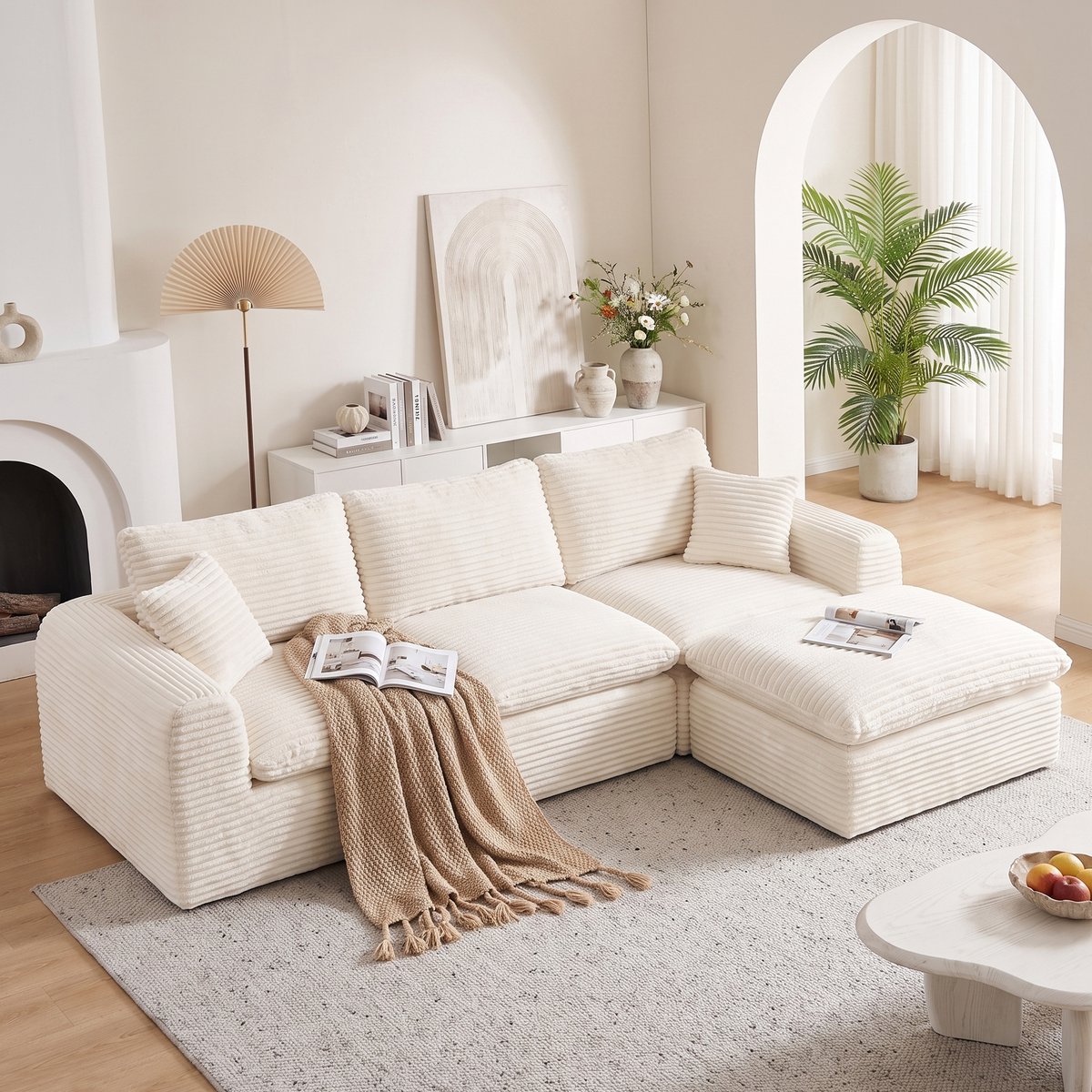 REDOM - Modulaire hoekbank - 3-zits - 3 modules - L-vorm of rechte sofa - Slaapbank - Corduroy - Beige - 280 x 180 x 65 cm