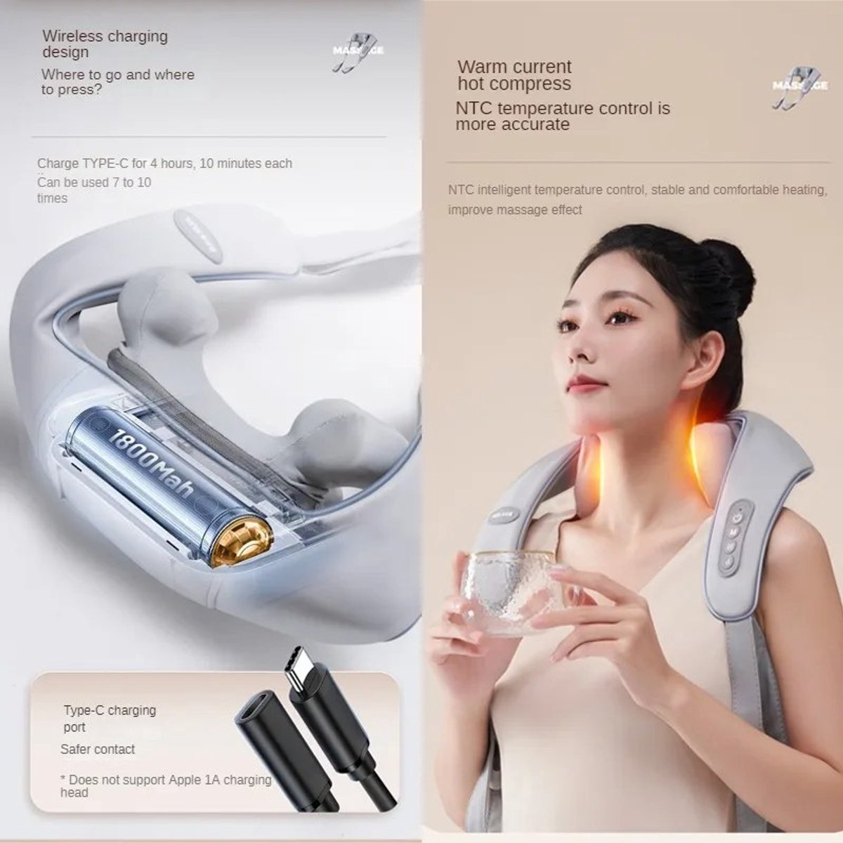 Nekmassageapparaat Elektrisch - Gray Type C - Oplaadbaar - Katoen ABS - Voor Nek En Schouders