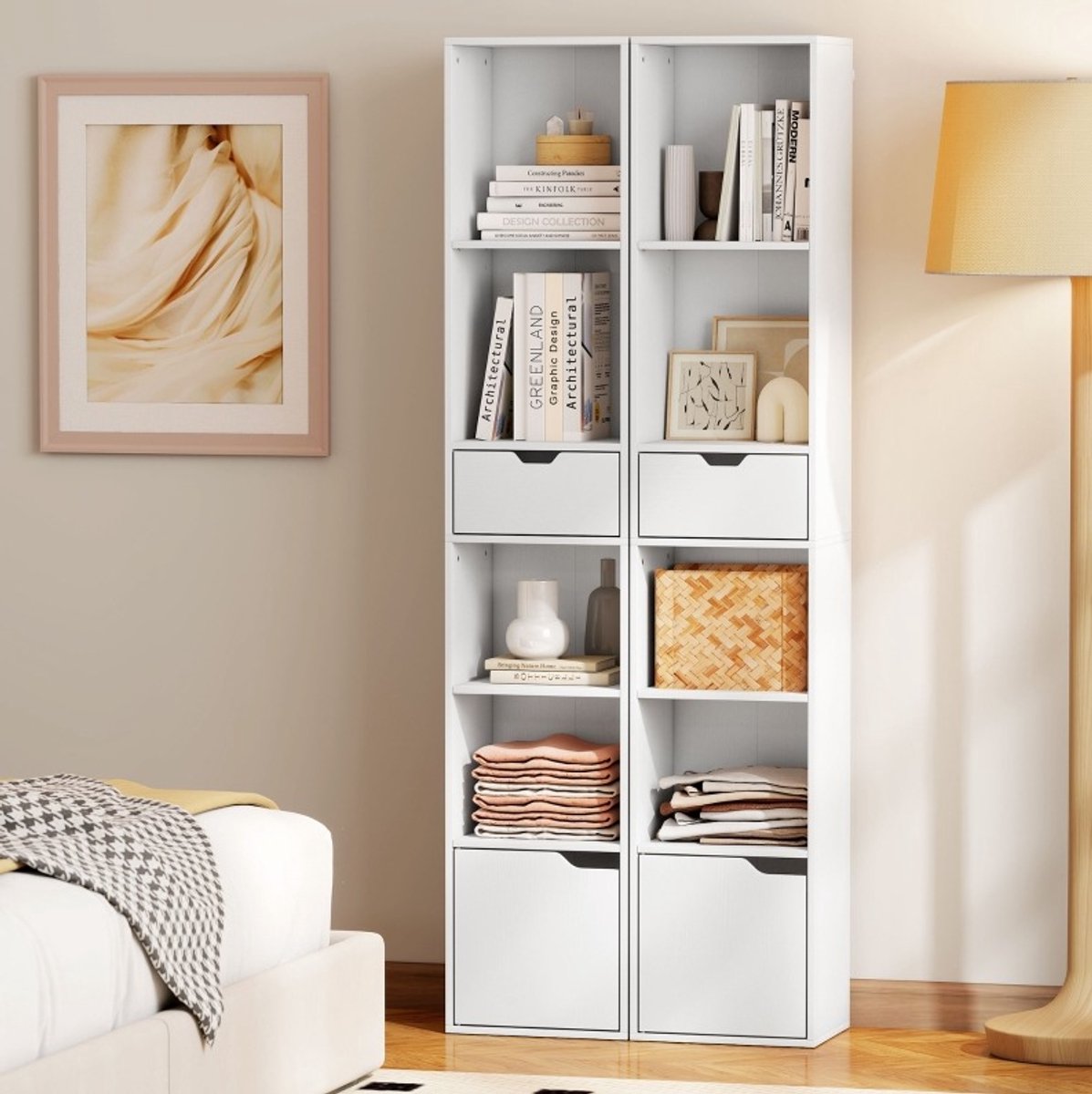 DESMIU Boekenkast - 6 Niveaus Met Verstelbare Plank En Lade - Smalle Opbergkast Voor Woonkamer En Kantoor - Spaanplaat - 158x30x24 Cm - Wit