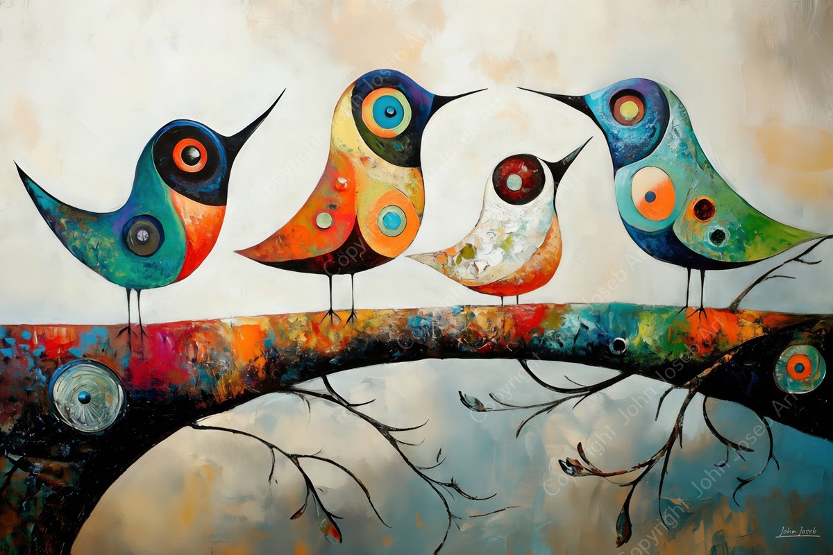 John Joseb Art (Aluminium) 120x80 | Vogels op een tak, abstract, Picasso, Joan Miro stijl, modern surrealisme, kleurrijk, kunst | dier, vogel, blauw, geel, grijs, rood, modern | foto-schilderij op dibond, metaal wanddecoratie