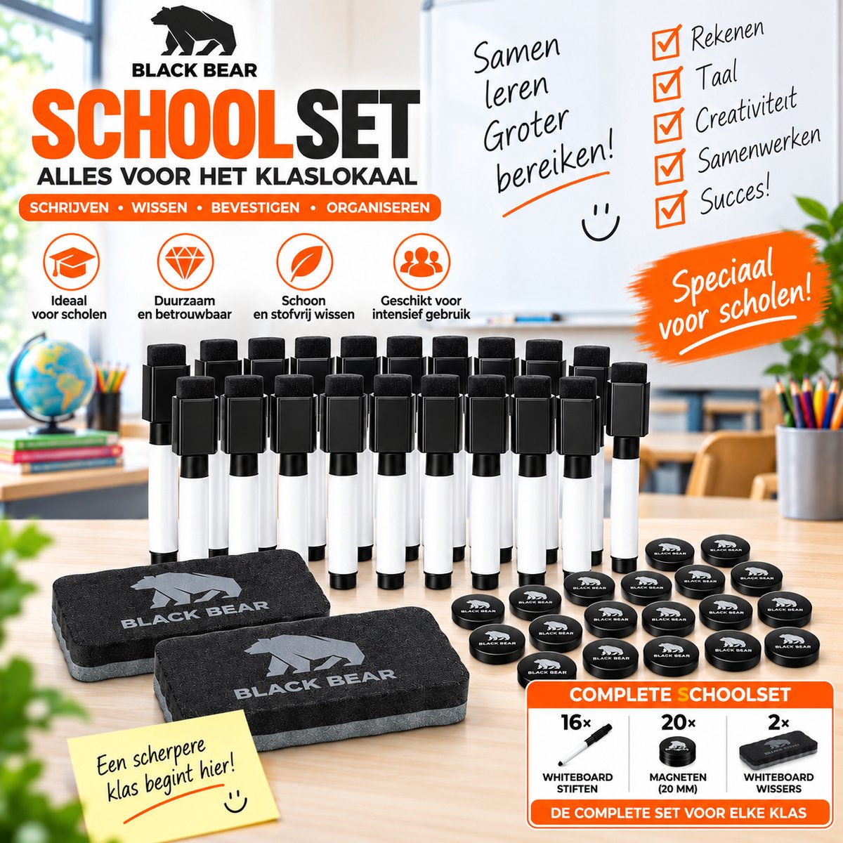 Black Bear Whiteboard Set 38-delig – 16 Whiteboard Stiften – 20 Magneten – 2 Whiteboard Wissers – Magnetisch – School & Kantoor