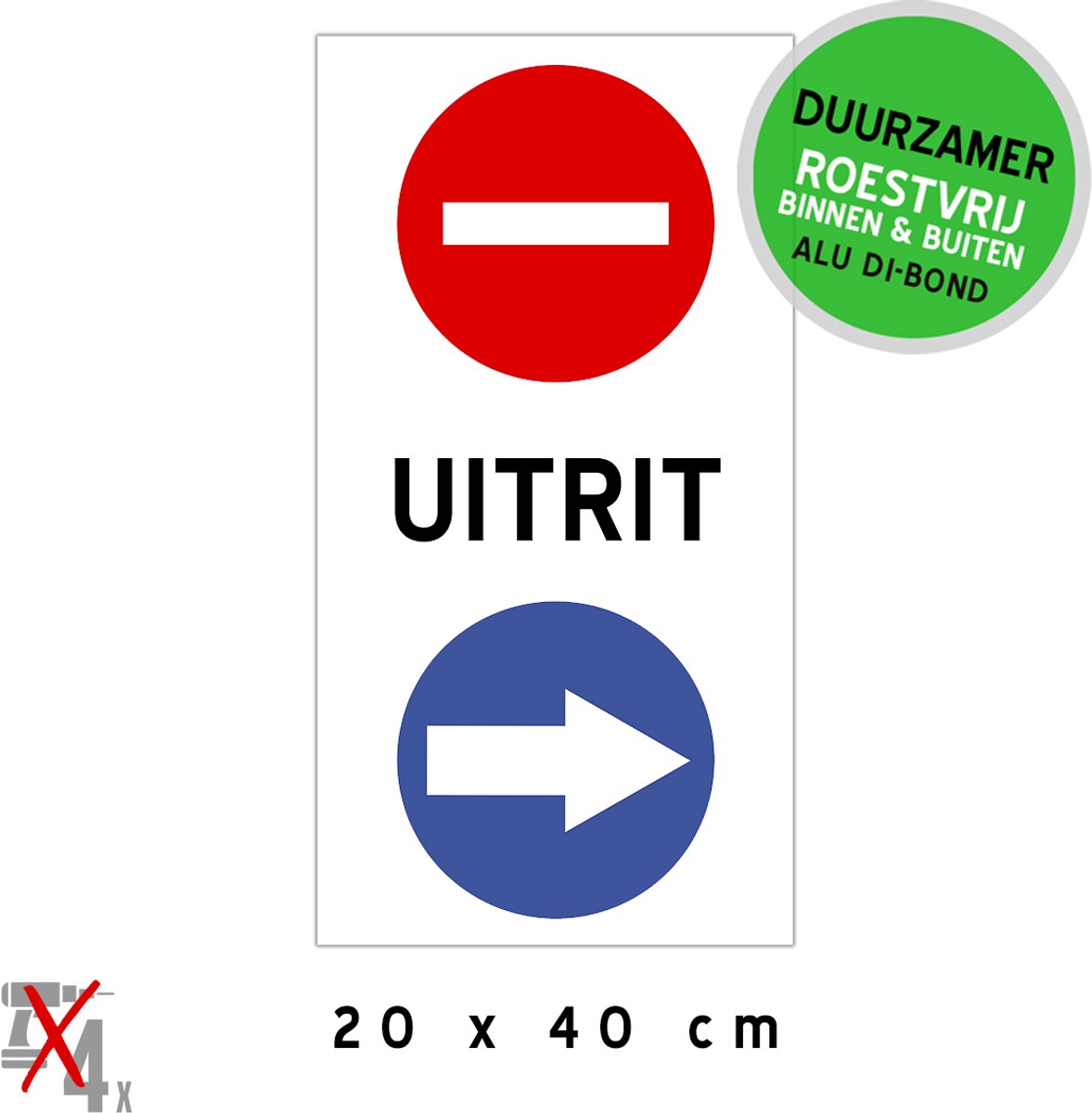 Pictogram/ bord | C1 + D1 (rechts) - "Uitrit" | 20 x 40 cm | Geen ingang | Pijl | Parkeren | Uitgang | Pijlen | Sterk materiaal | Richtingen | Metaal | Roestvrij | 1 stuk