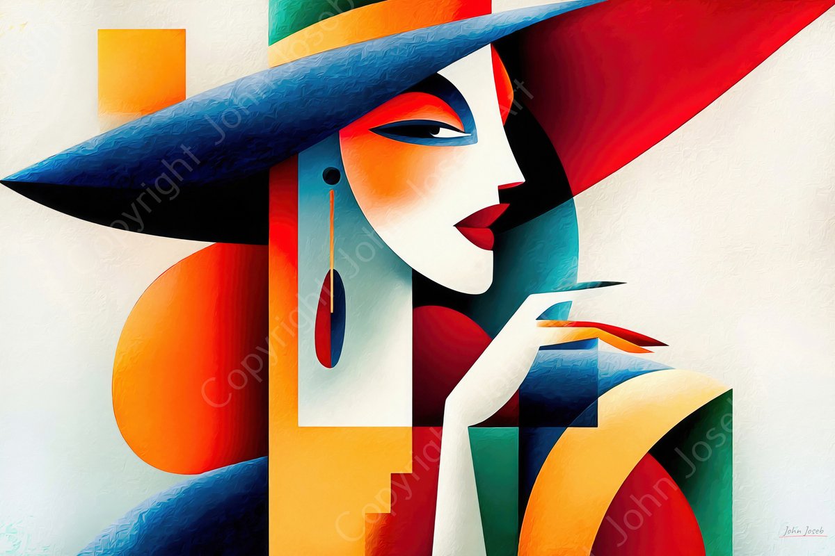 John Joseb Art (Glas) 120x80 | Vrouw met hoed, Picasso / Salvador Dali stijl, kleurrijk, felle kleuren, abstract, kunst, portret, mens, goud, geel, blauw, rood, wit, modern | Foto-schilderij-glasschilderij-acrylglas-acrylaat-wanddecoratie