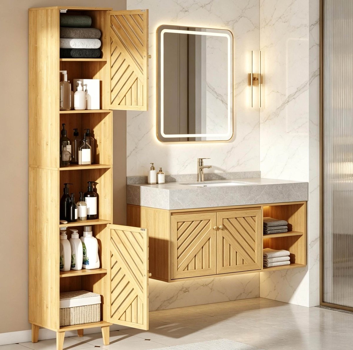 DESMIU Hoekkast - Hoge Smalle Opbergkast Met Open Vakken En Deuren - Voor Badkamer En Kleine Ruimtes - Bamboe - 32x30x170 Cm - Naturel Houteffect