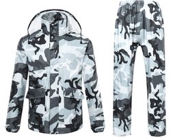 Regenpak‑grijs camouflage‑XXL | Complete regenset regenjas en regenbroek met afneembare dubbele klep voor fiets en buitenwerk