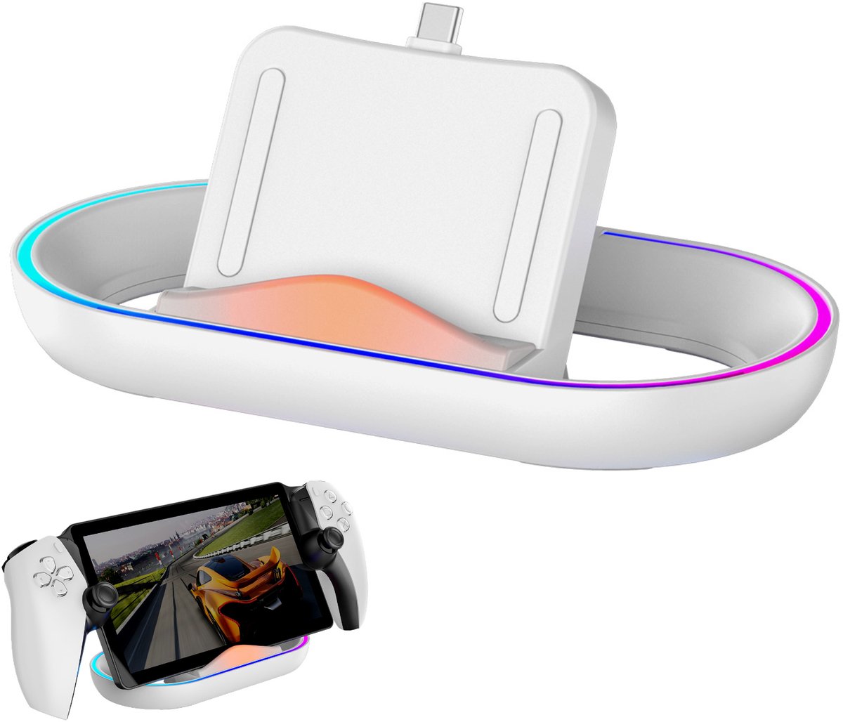 PS5 Oplaadstation - Oplaadstation geschikt voor Playstation 5 - TENZHVXI® - 14 RGB kleuren - Oplaadindicator - Magnetisch - USB-C - ABS - Laadstation voor PlayStation Portal (geschikt voor gebruik met hoes) - AI batterijbescherming - Wit