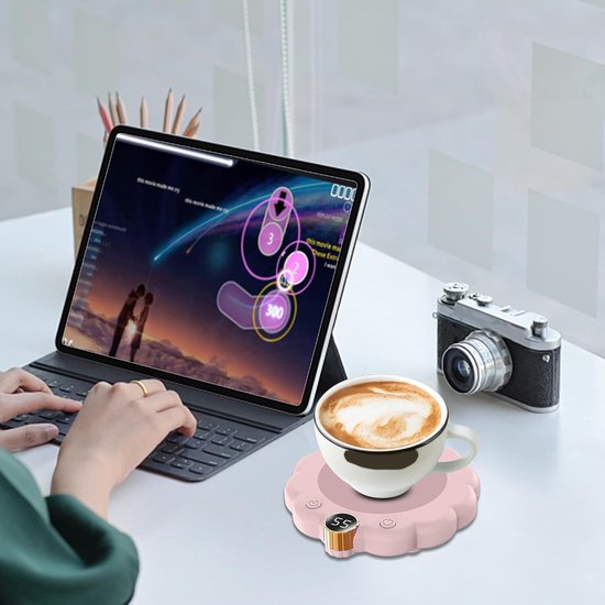 Elektrische bekerwarmer - warme onderzetter met constante temperatuur - automatisch opwarmende melkverwarmer - slimme voor kantoor met digitaal led-display - functie - roze — afbeelding 2