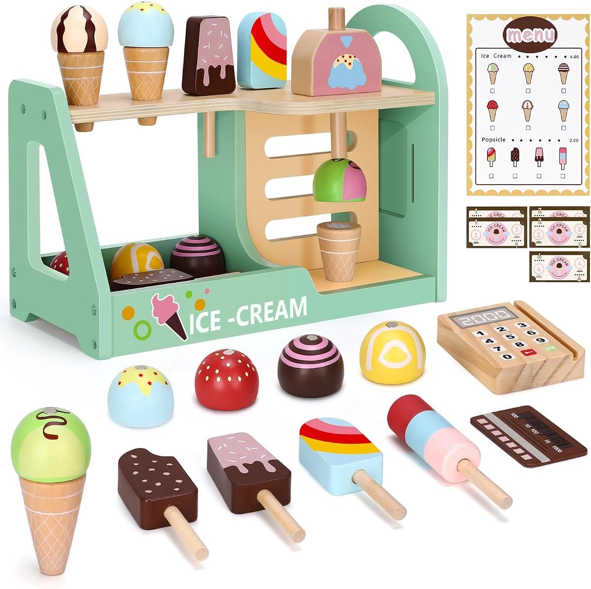 Houten IJssalon Speelgoed - Houten Speelset Kinderen - IJsjes, Hoorntjes, Menu & Speelgeld - Rollenspel en Winkeltje Spelen - Fantasiespeelgoed - Voor Kinderen 2-5 Jaar