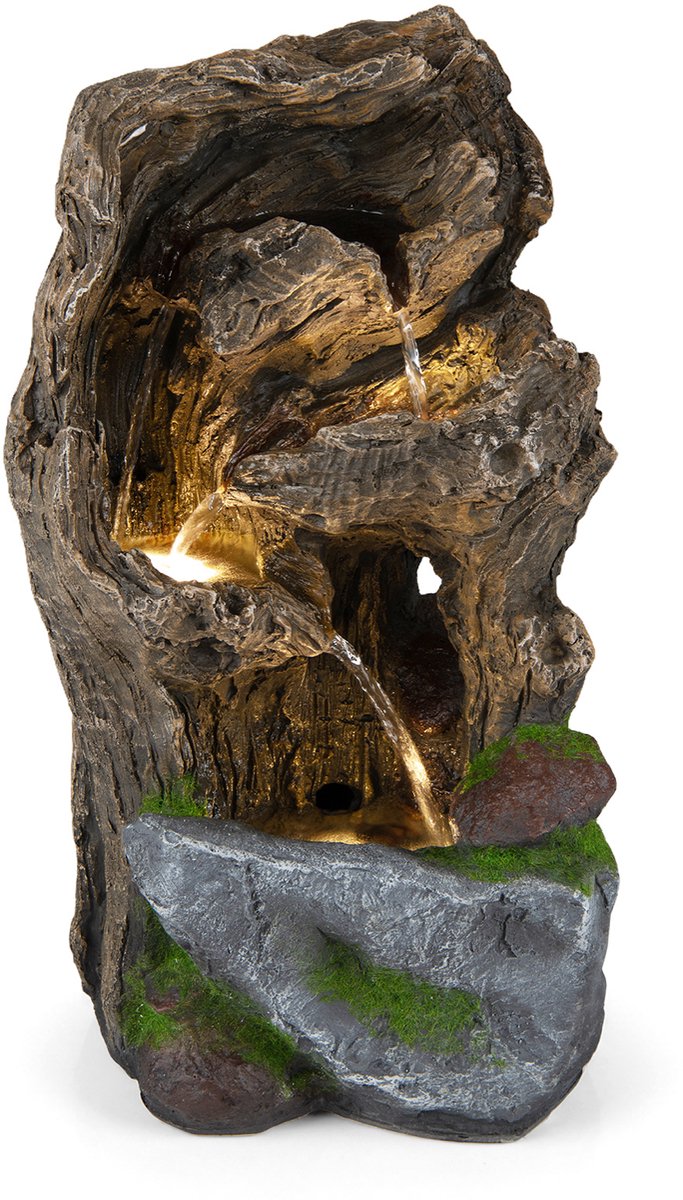 COSTWAY Fontein, tuinfontein met warmwitte ledverlichting & pomp, cascadefontein kunsthars, boom & steenlook, kamerfontein voor buiten, waterval fontein tuin, 26 x 28 x 53 cm, bruin