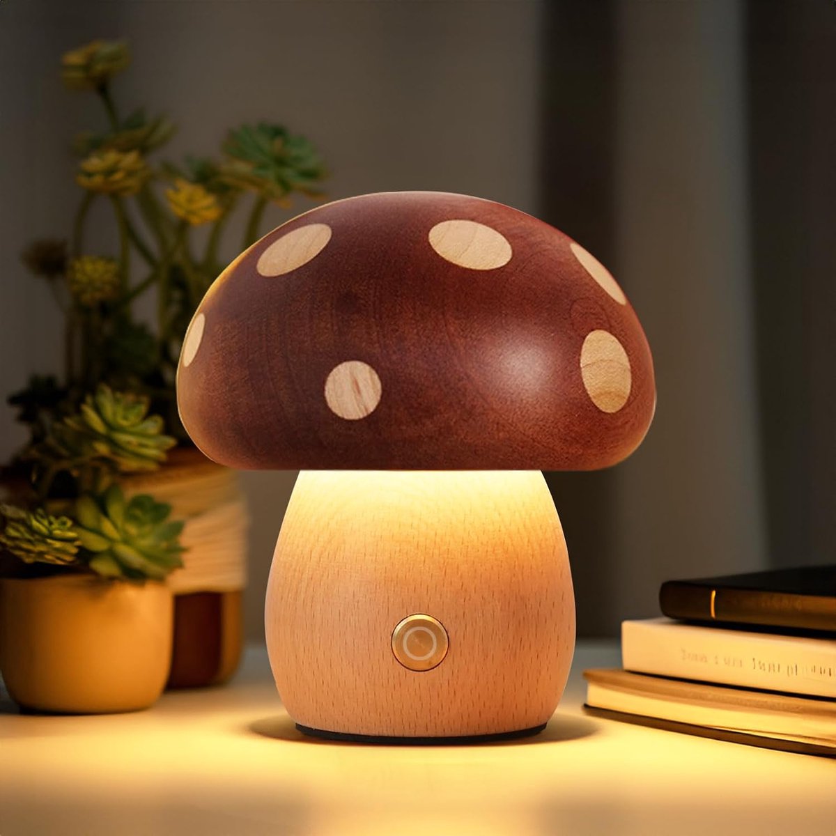 Tafellamp - LED Houten Paddestoellamp - Oplaadbare Draadloze Touch Bedlamp - Stapsloos Dimbaar Nachtlampje - Draagbaar voor Slaapkamer - Cadeau voor Verjaardag - Formaat 9x10 cm - 1 Stuk