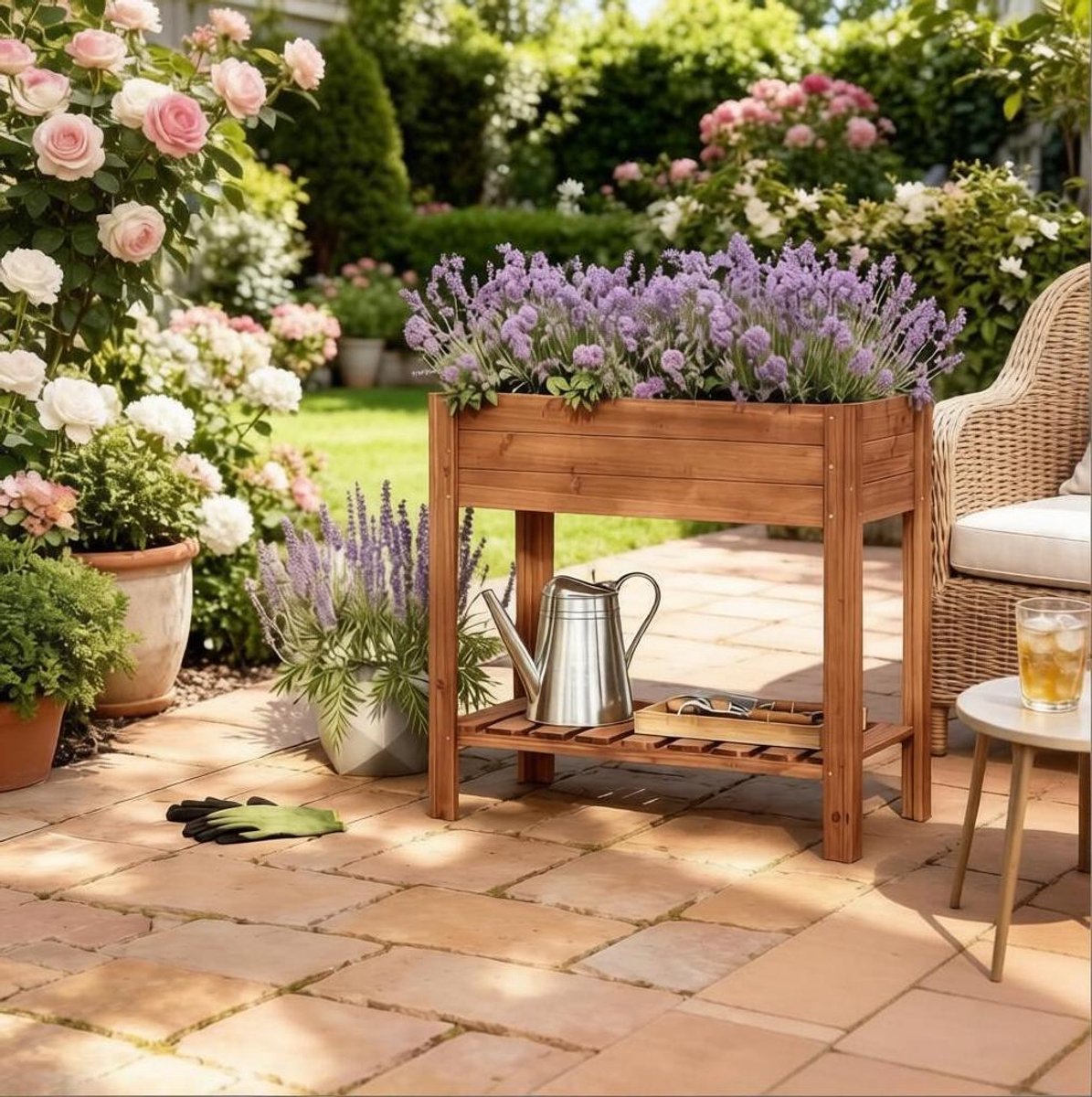Hoge Moestuinbak – Met Opbergrek – 80 x 40 x 75 cm – Dennenhout – Bruin – Voor Kruiden En Groenten