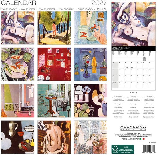 Henri Matisse kalender 2027, met kunstwerken, afbeeldingen van Matisse, maandoverzicht.