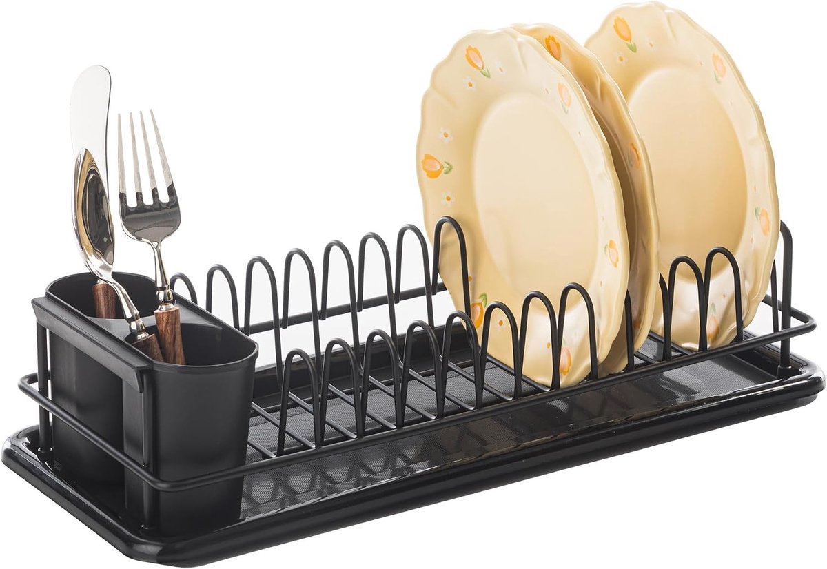 Afdruiprek - Zwart - 41 x 17 x 10 cm - Compact Metalen Rek met Bestekhouder en Lekbak - Voor Keuken