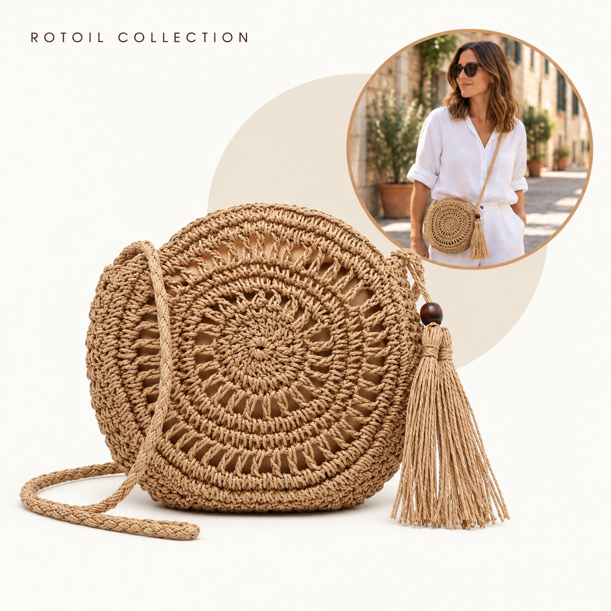 Rotoil Collection - Ronde Crossbody Tas Dames – Gevlochten Zomertas met Kwastje en Binnenvak – Rotanlook Schoudertas – 20 x 16 cm – Coffee Bruin