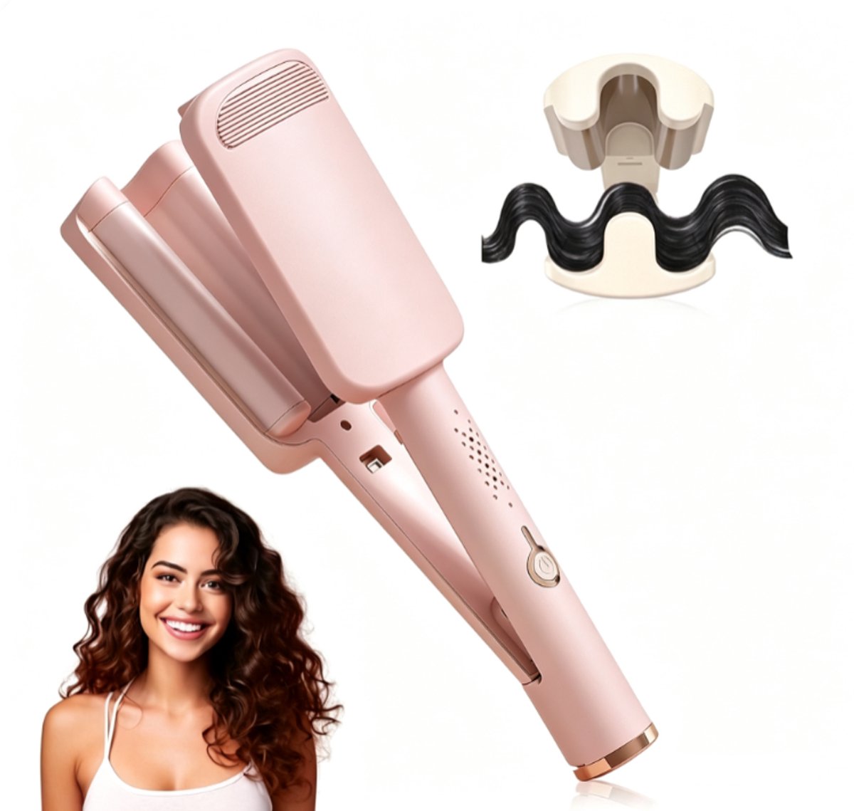 Professionele 32 mm Deep Waves Krultang, 3 Barrels Beach Wave Krultang met Verstelbare Temperatuur 160°C‑220°C, 4 Warmtestanden voor Frizz‑Free Golven, Geschikt voor Lang en Kort Haar, roze