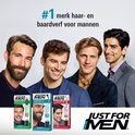 Vier mannen met verschillende haarkleuren en baarden, met de tekst "#1 merk haar- en baardverf voor mannen".