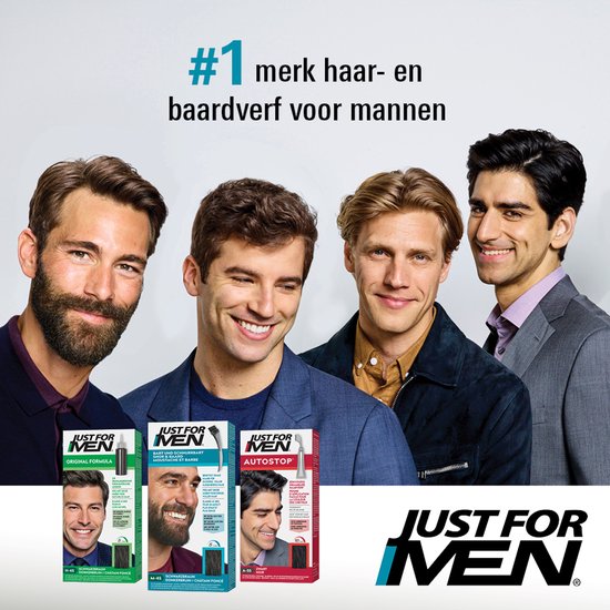 Vier mannen met verschillende haarkleuren en baarden, met de tekst "#1 merk haar- en baardverf voor mannen".