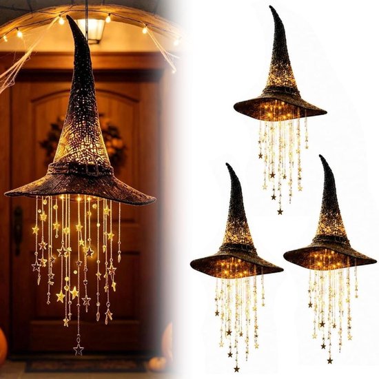 3x Oplichtende heksenhoed-hanger - Hangende Halloween decoratie - Windgong - Halloween Decoratie Licht - tovenaarshoed - Kwastjes met sterrenmotief - Thema Feest - Halloween versiering/decoratie - Cadeau - Horror party - voor veranda's of terrassen