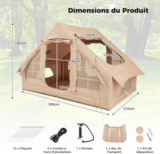 KOMFOTTEU 6,3 m² Opblaasbare kampeertent voor 4-6 personen, grote tent met 4 ramen, 2 deuren, dakraam, pomp, ventilatieopening, draagtas en haringen, snel op te zetten — afbeelding 3