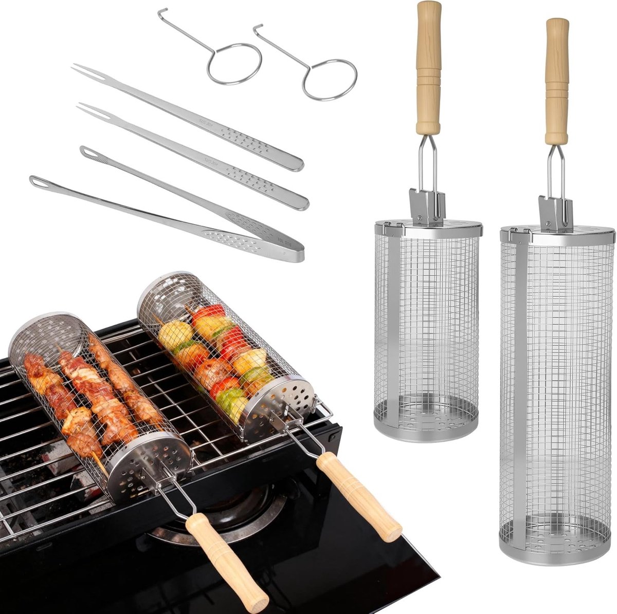 Roestvrijstalen Grilltray met Afneembare Houten Handgreep – Perfect voor Groenten, Vlees en Zeevruchten, Ideaal voor Buitenkeuken, Kamperen en Tuinfeestjes
