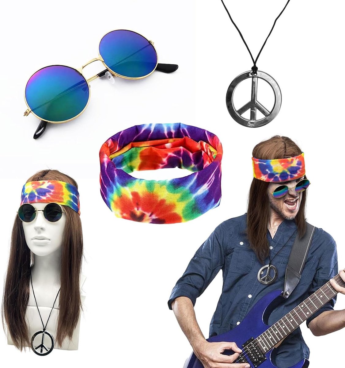 Hippie Kostuum voor Mannen en Vrouwen met Peruc, Zonnebril en Ketting voor Carnaval en Halloween Feestjes