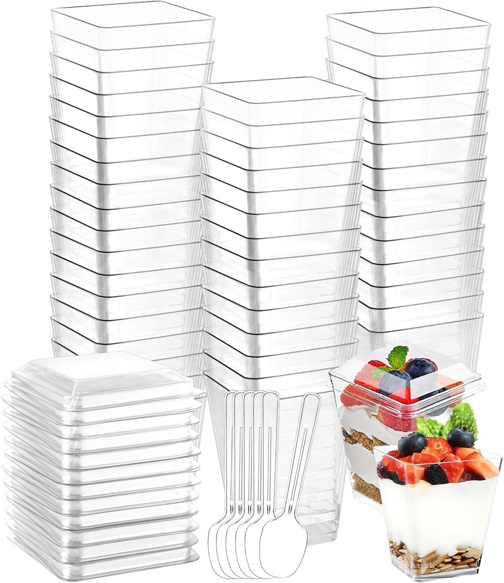 50 Stuks Plastic Dessertglazen 160ml met Deksel en Lepels, Herbruikbare Cups voor Pudding, Mousse en IJs Dessert Feestjes