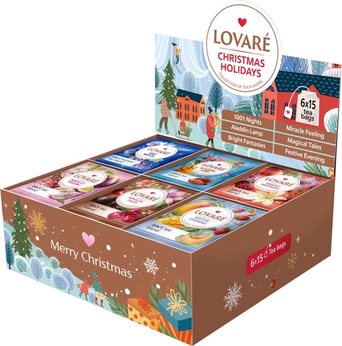 LOVARÉ Christmas Holidays Premium Thee Cadeauset – 90 Theezakjes – 6 Smaken – Luxe Kerst Thee Geschenkset