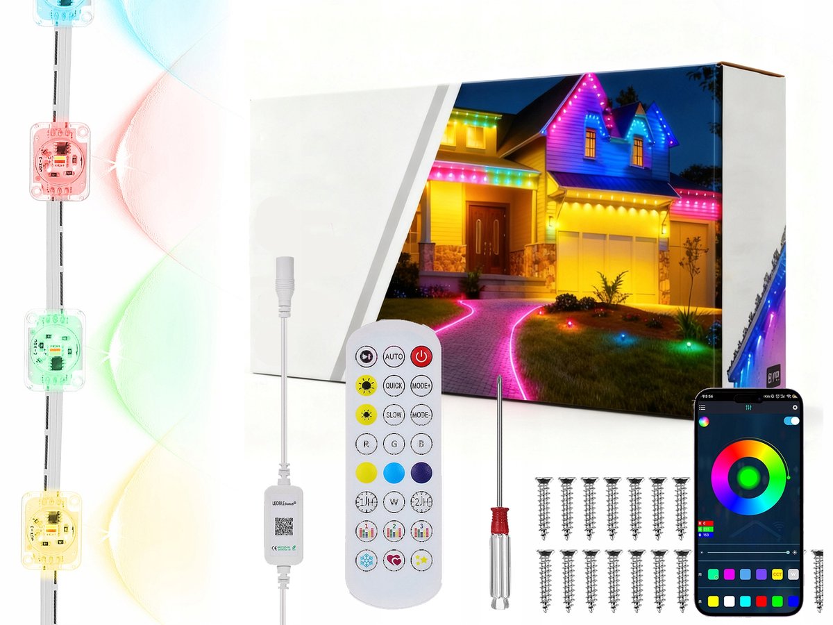 Supvox RGBIC 30M Permanente Buitenverlichting – Slimme LED-lichtslinger voor Dakrand, Tuin & Gevel – APP-Besturing