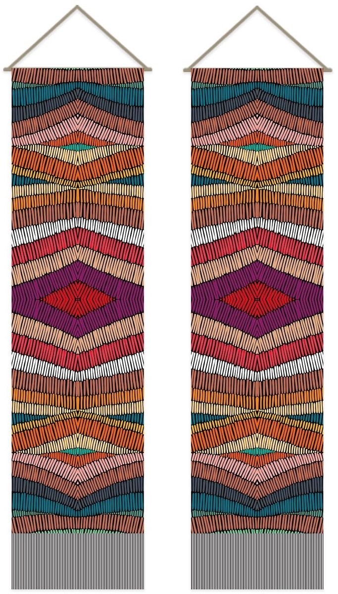 Elzusha - Wandtapijt Set van 2 - Vintage Strepen met Kwasten - Rood en Oranje