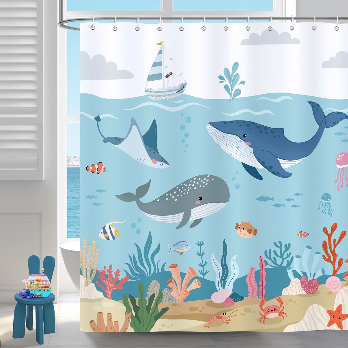 Elzusha - Douchegordijn met Walvis en Onderwater Thema voor Kinderen
