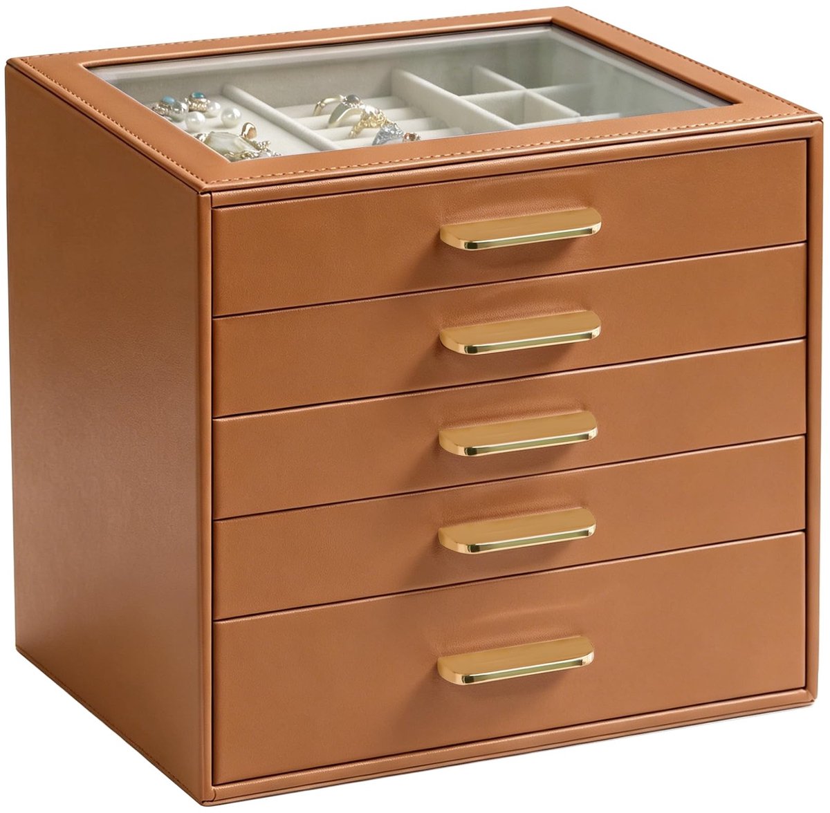 Elzusha - 5-laags Sieraden Organizer - Bruin met Glazen Deksel
