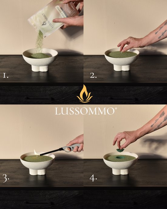 Stapsgewijze instructies voor het maken van een kaars met kaarsenzand van Lussommo.