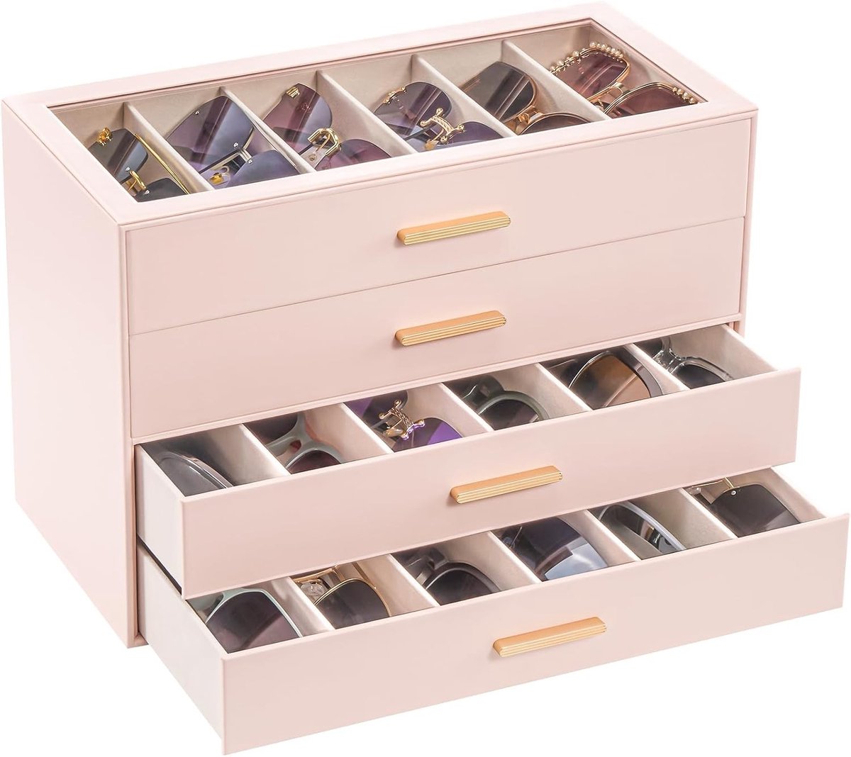 Zonnebril Organizer met 24 Vakjes, 4 Laags Opbergdoos met Transparante Deksel, Display Case voor Meerdere Zonnebrillen en Brillen - Roze Kleur