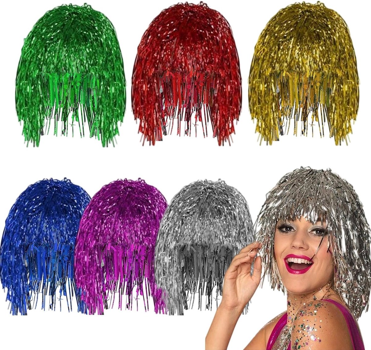 6 Stuks Glanzende Folie Pruiken voor Kostuum, Cosplay en Feestjes - Kleurrijke Accessoires voor Halloween, Kerst en Carnaval