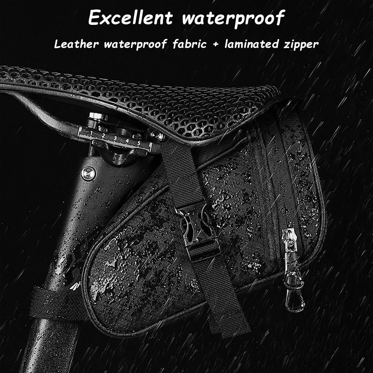 DRAGONORE-zwarte fietstas voor op het zadel - 19,5 x 9 x 10,5 cm - met reflecterende strepen - Waterdichte fietstas - Hoogwaardige fietsuitrusting