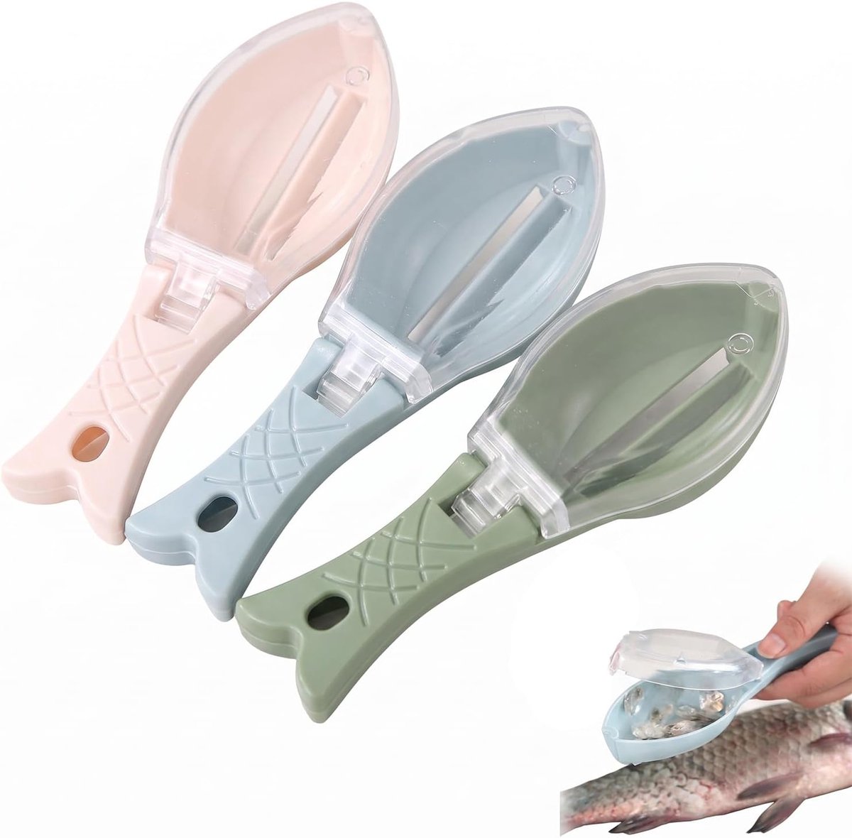 Set van 3 visschubbers met spatbescherming, professionele schubbenkrabber (16 cm) voor snel en schoon ontschubben, keukenaccessoires voor thuis en in het restaurant