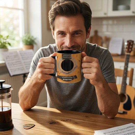 Bruin zwarte mok met gitaar en muzieknoten – keramische koffie mok voor dames en heren – muziek thema met akoestische gitaar print – drinkbeker voor warme en koude dranken – cadeau voor muziekliefhebbers – 1 stuk