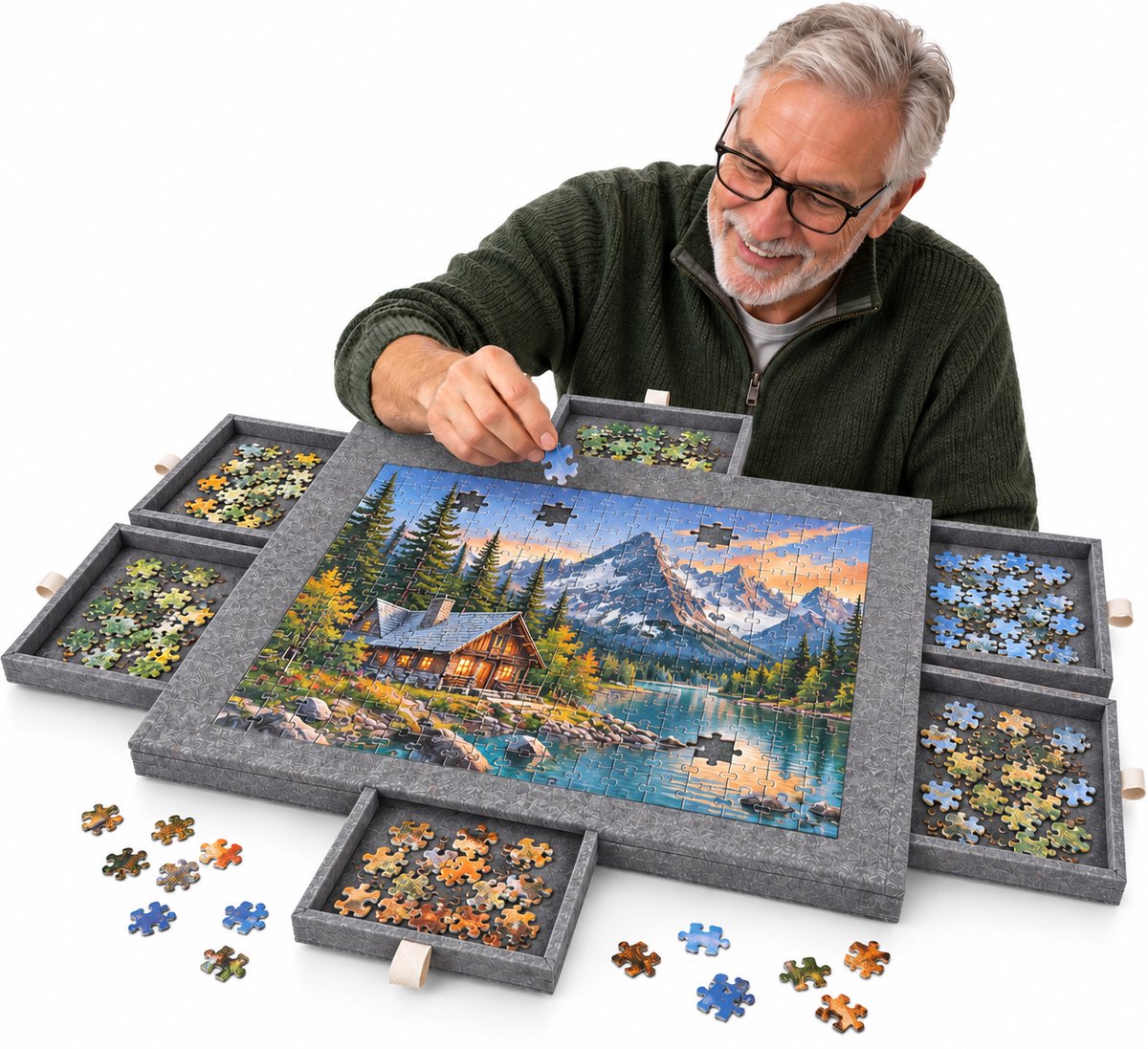 Currero Puzzeltafel Met Lades 1000 Stukjes - Puzzelbord - Puzzelmat - Opbergsysteem - Vilt - Met Deksel - Legpuzzel Accessoires - 1000 Pcs Grijs