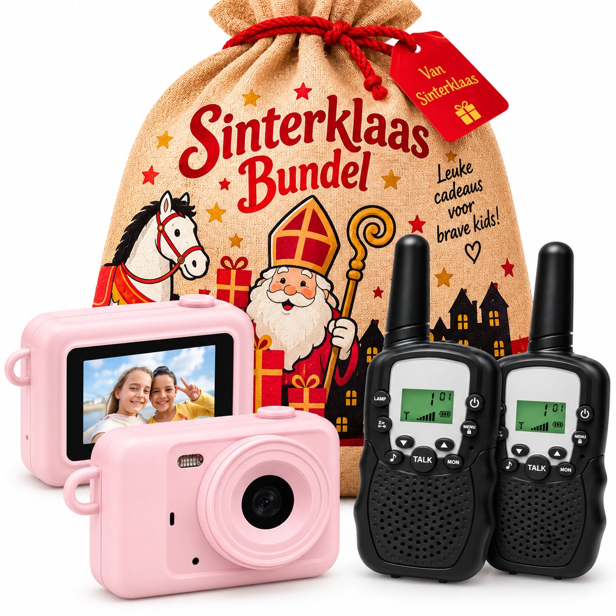 Sinterklaas Zak + Cadeau Kind - Kindercamera Roze + Walkie Talkie Set - Jongens & Meisjes - Kinder Camera Spelletjes Video
