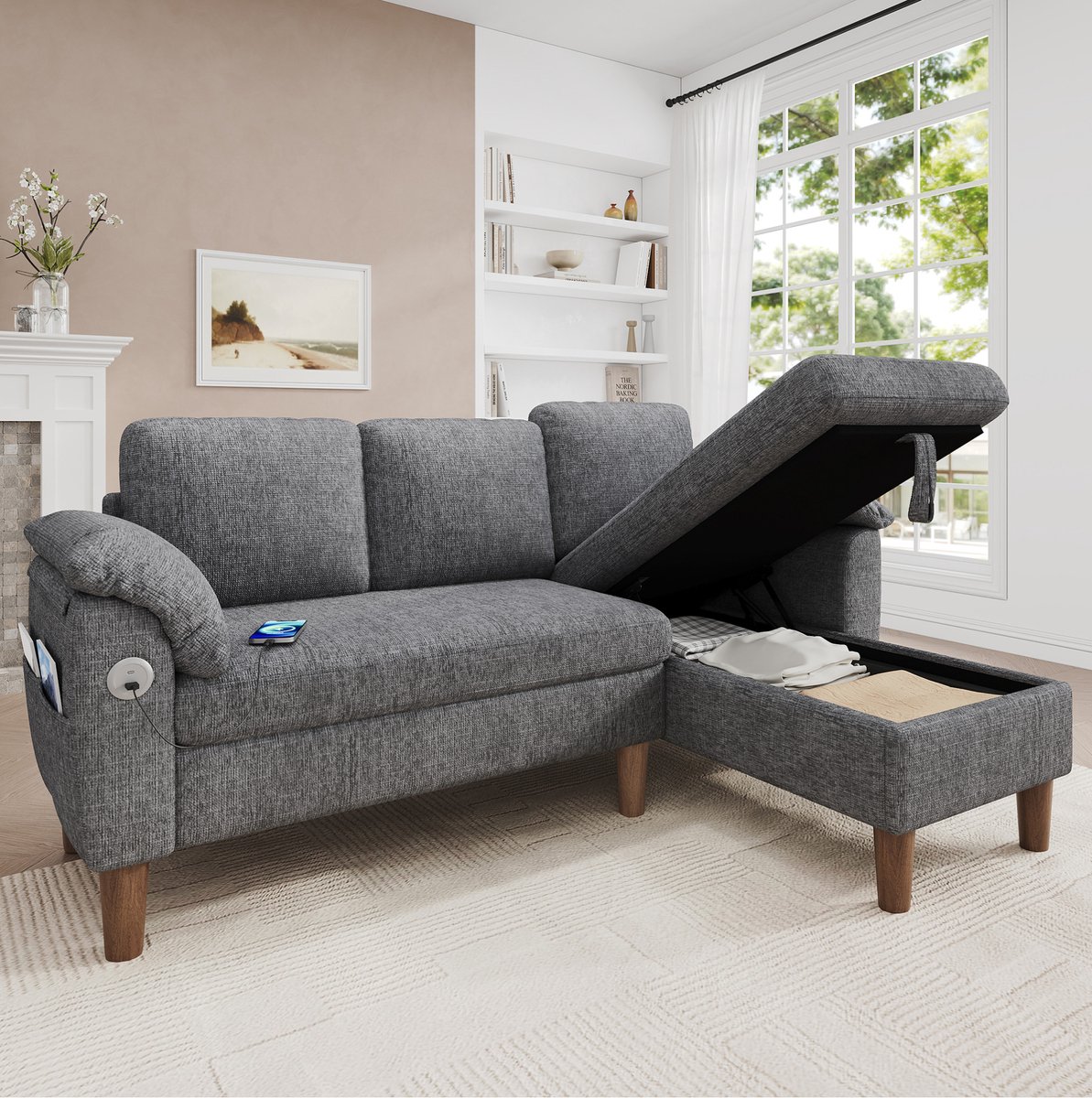 REDOM - Hoekbank - L-vormig 3-zits - Chaiselongue links/rechts monteerbaar - Opbergruimte - USB en Type-C - Chenille - Lichtgrijs - 181 x 125 x 88 cm
