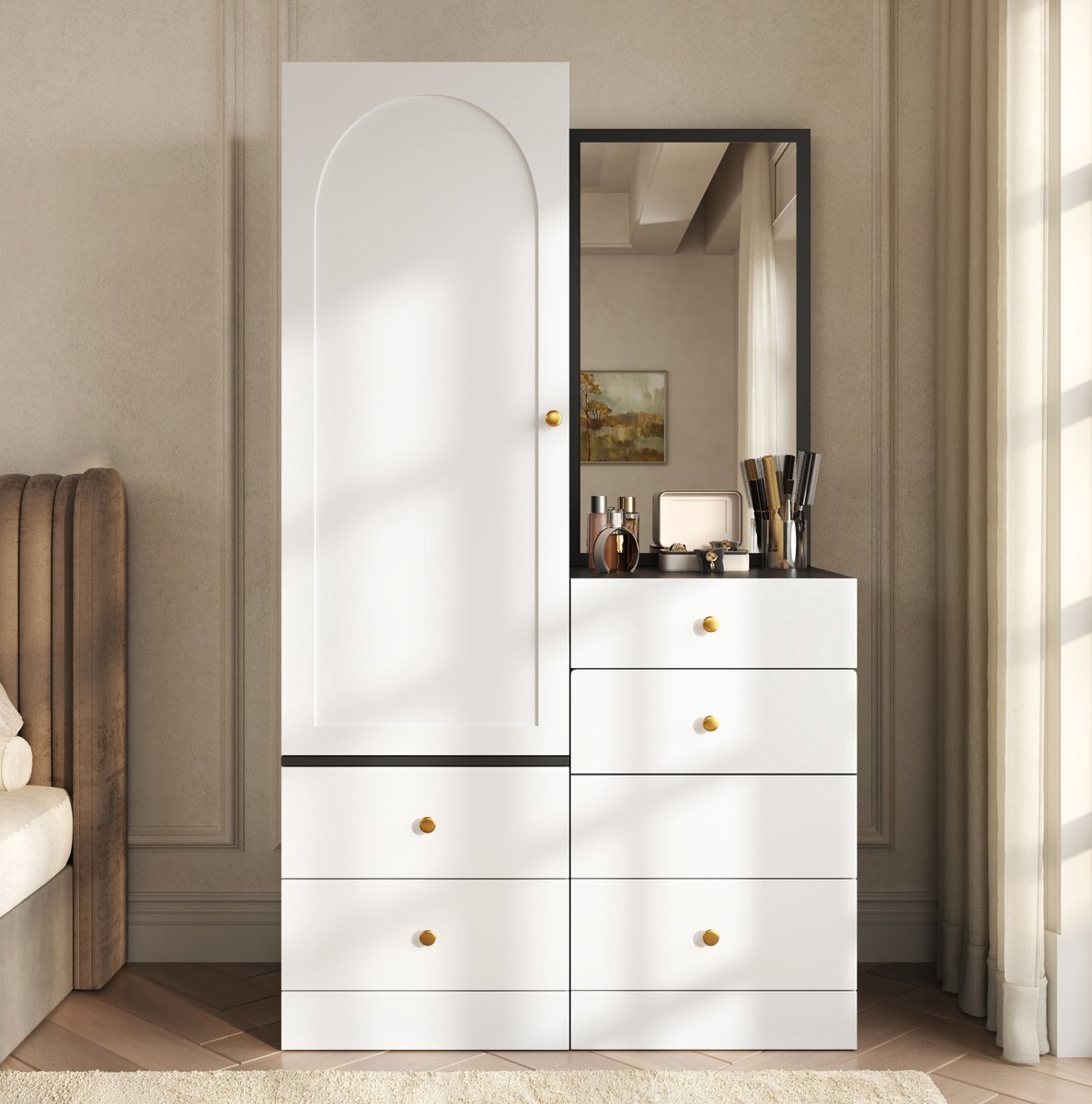 DESMIU Kledingkast - Met Kaptafel, Passpiegel En Uitschuifbare Hocker - Voor Slaapkamer - MDF - 90x50,5x160 Cm - Wit En Zwart