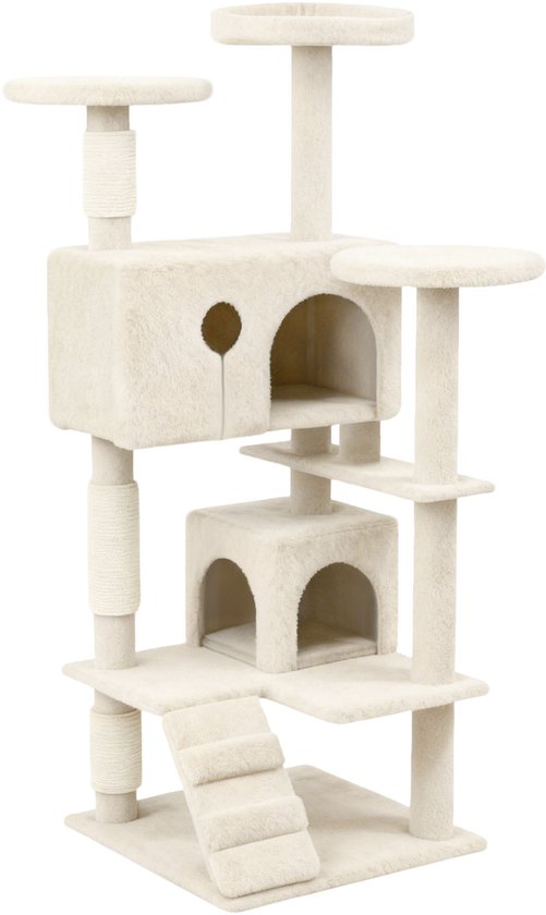 Krabpaal 130 cm - Kattenkrabpaal met Sisalpalen, Huisje, Ladder en Ligplateaus - Kattenboom voor Binnenkatten - Beige