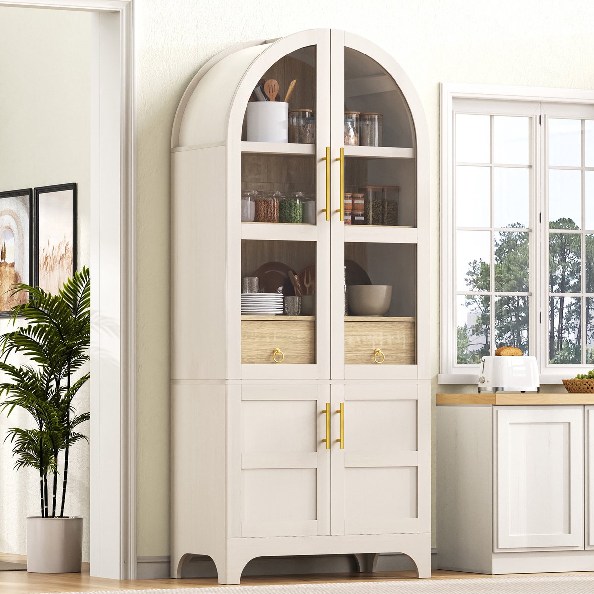 REDOM - Buffetkast - Verstelbare planken en laden - Glazen deuren - Boogvormige bovenzijde - MDF en spaanplaat met glas - Wit - 76 x 40 x 180 cm